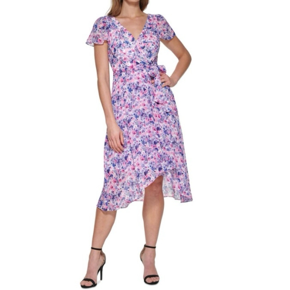 DKNY Womens Floral Flutter Sleeve Faux Wrap Midi Dress New Without Tag